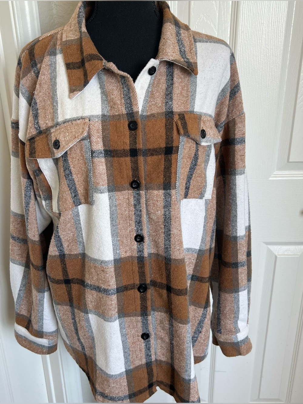 Brown Plaid Button Up Flannel Shacket Shirt Jacket Western Cowgirl Size XL 16-18 - Picture 4 of 16